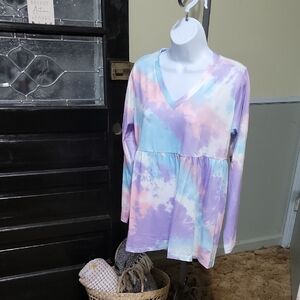 NWT DAVI & DANI Pastel Tie-Dye V-Neck Long Sleeve Baby Doll Top Woman Size M
